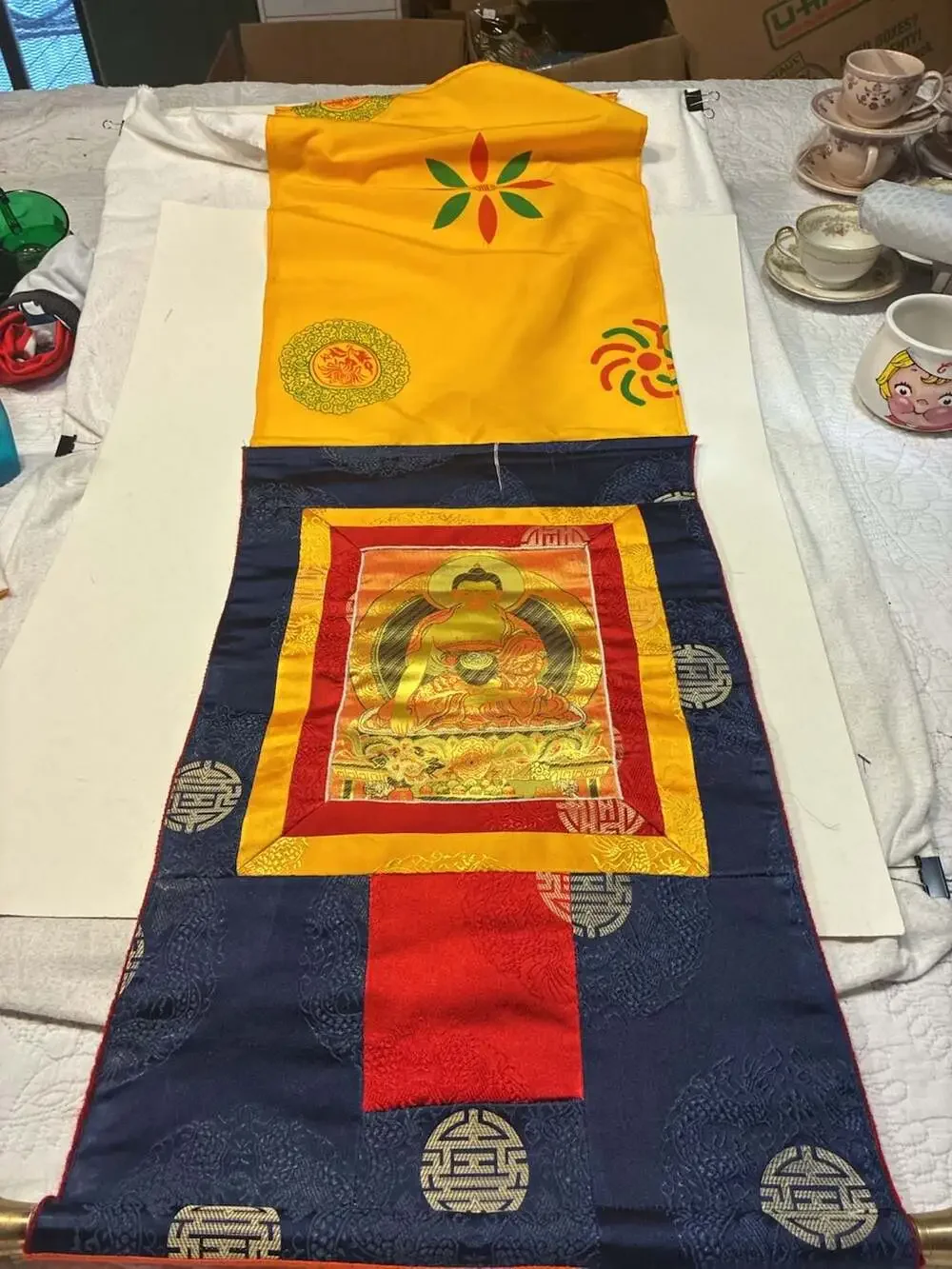 Tibetan Shakyamuni Buddha Silk Brocade Thangka Wall Hanging